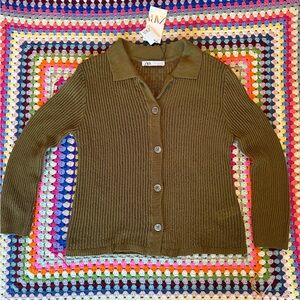 NWT Zara Olive Green Knit Button-Up Cardigan - M